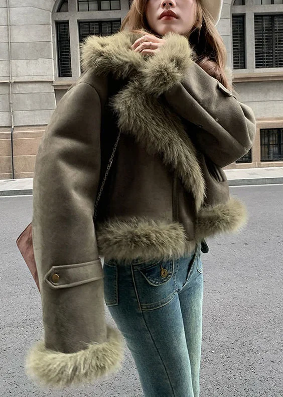 Fashion Blackish Green Fur Collar Patchwork Faux Suede Parkas Winter - Image 2