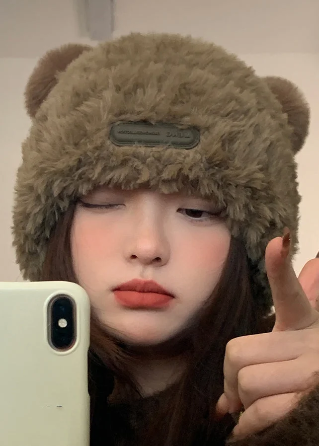 Elegant Brown Fuzzy Fur Fluffy Little Bear Cotton Knit Bonnie Hat - Image 4