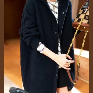 Black Pockets Patchwork Teddy Faux Fur Coat Button Long Sleeve