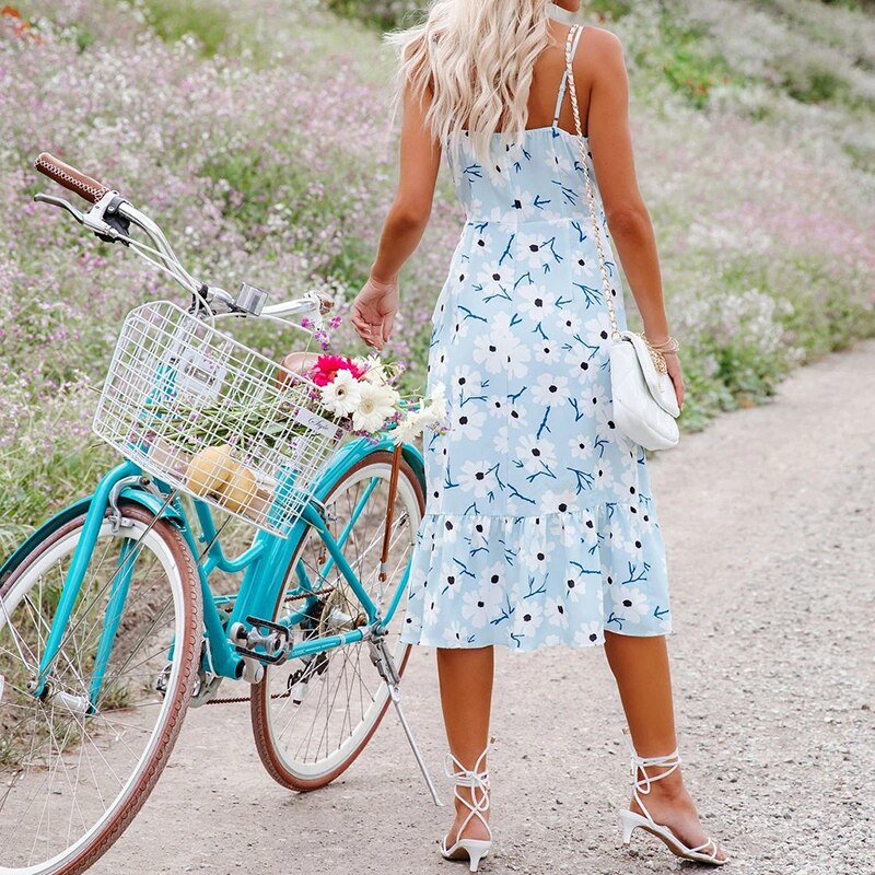 V Neck Cascading Ruffles Midi Dress Women Spaghetti Strap Floral Print A-Line Bohemian Dress - Image 4