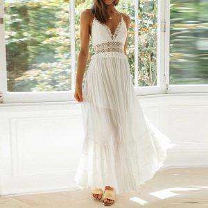 White Cotton Spaghetti Strap Maxi Dress Sexy Deep V-neck Backless Summer Women Beach Dress Casual Stitching Ruffle Dress