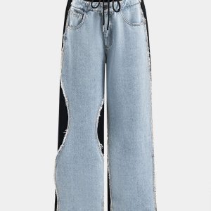 Leopard Print Denim Patchwork Tie Front Pocket Wide Leg Jeans