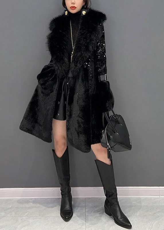 Fashion Black Fur Collar Sequins Patchwork Pockets Leather And Fur Coats Winter - Image 4