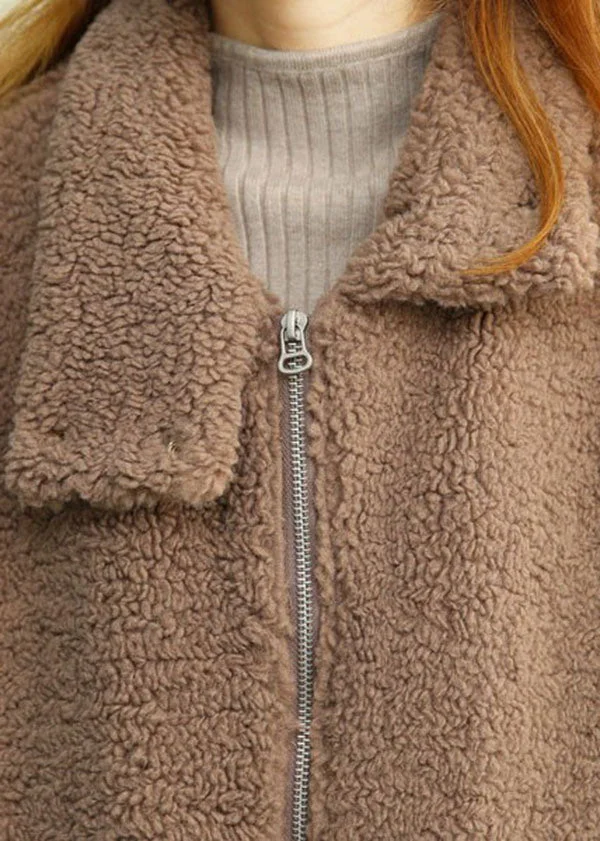 Modern Khaki Peter Pan Collar Patchwork Pockets Teddy Faux Fur Puffers Jackets Winter - Image 4