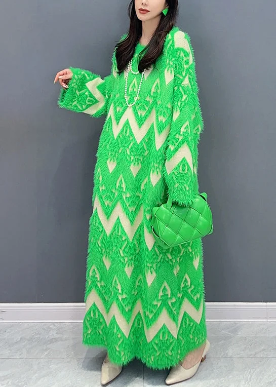 Green Patchwork Teddy Knit Sweater Dress O Neck Long Sleeve - Image 3