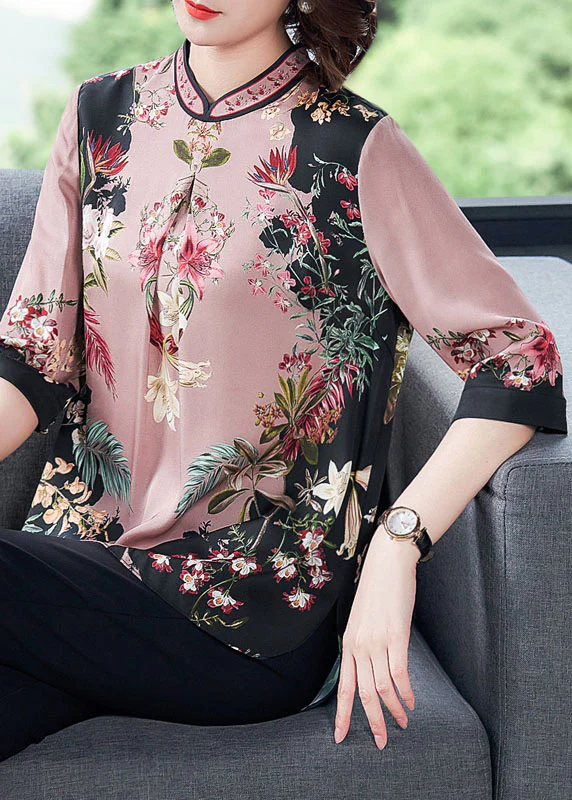 Stylish Pink Stand Collar Print Side Open Silk Shirt Tops Half Sleeve - Image 2