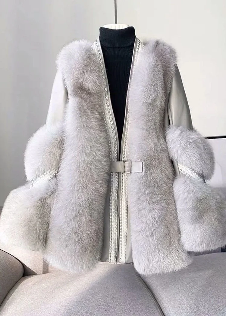 Stylish White V Neck Patchwork Mink Hair Coats Winter - Image 4