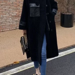 Plus Size Black Pockets Zippered Patchwork Teddy Coats Fall