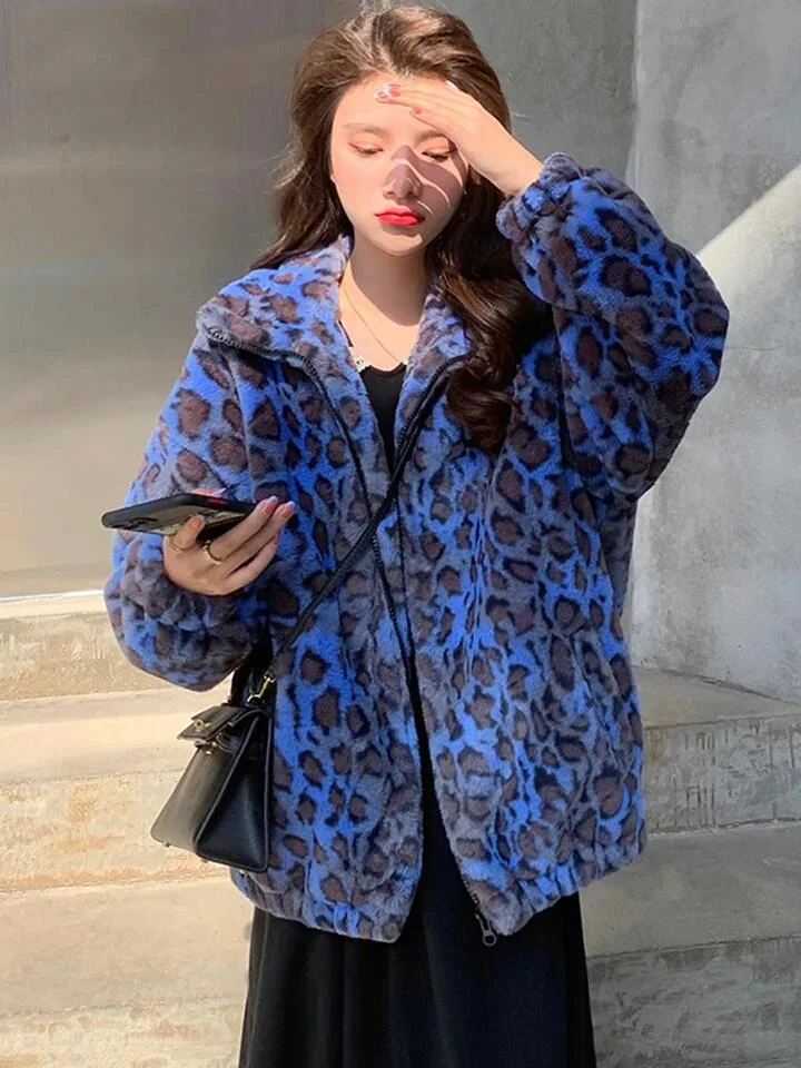 Oversized Stand Collar Blue Leopard Long Sleeve Faux Fur Zip-up Fluffy Coat - Image 5