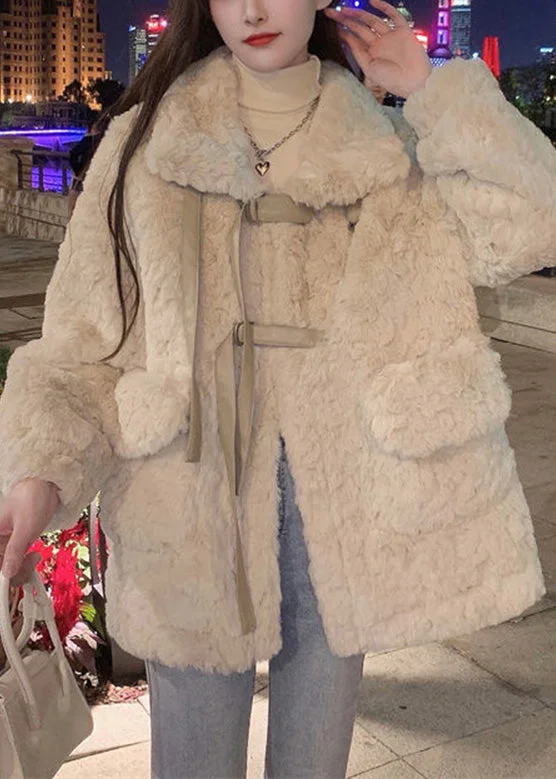 Natural Apricot Peter Pan Collar Thick Faux Fur Coats Winter - Image 4