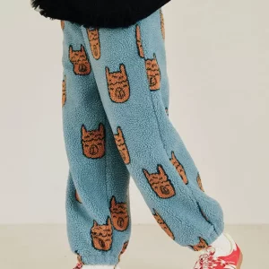 Women Blue Pockets Print Elastic Waist Thick Faux Fur Pants Fall