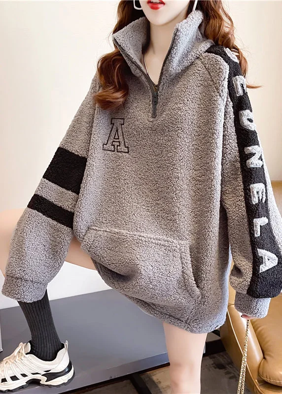 Handmade Red Stand Collar Pockets Patchwork Graphic Embroideried Zippered Faux Fur Sweatshirts Winter - Image 3