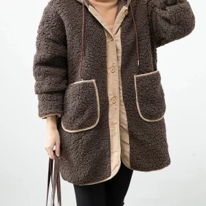 Boho Chocolate Hooded Patchwork Pockets Teddy Faux Fur Coats Winter