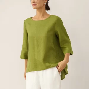 100% Linen Round Neck Asymmetrical Hem Top