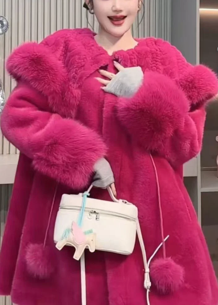 Stylish Rose Peter Pan Collar Patchwork Faux Fur Coat Winter - Image 4