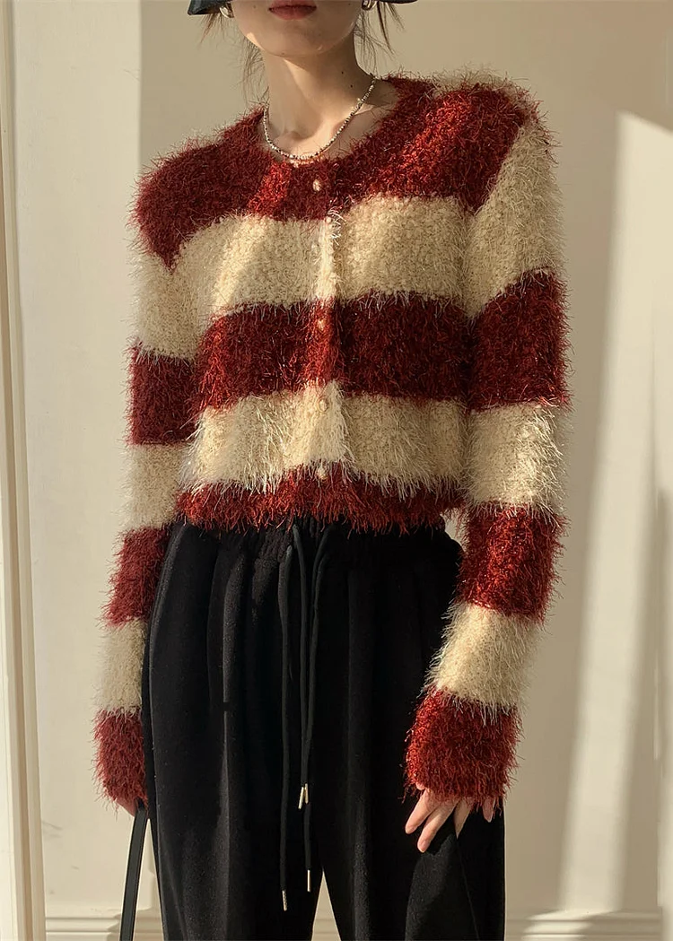 Stylish Red Striped Fluffy Button Knit Cardigans Winter - Image 3
