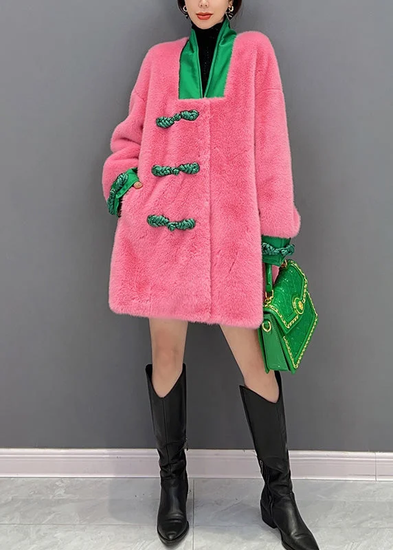 Cute Pink V Neck Button Warm Thick Faux Fur Coats Winter - Image 5