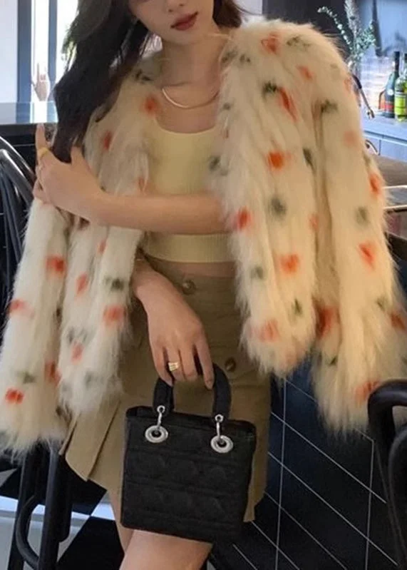 Cute Apricot V Neck Raccoon Hair Print Leather And Fur Coats Winter - Image 3