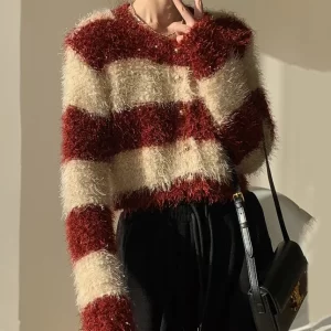 Stylish Red Striped Fluffy Button Knit Cardigans Winter