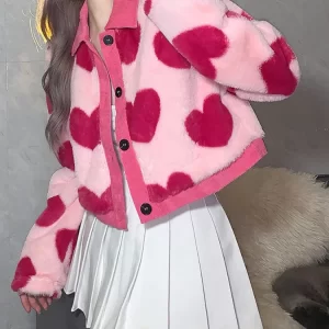 Cute Pink Lapel Patchwork Fluffy Contrast Color Heart Printed Crop Jacket