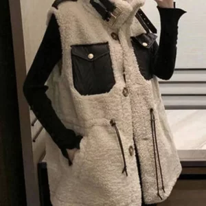 Modern Beige drawstring Pockets Winter Sleeveless Teddy Vest Jacket