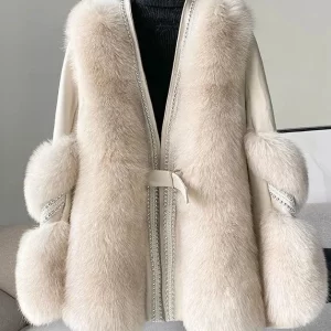 Stylish White V Neck Patchwork Mink Hair Coats Winter