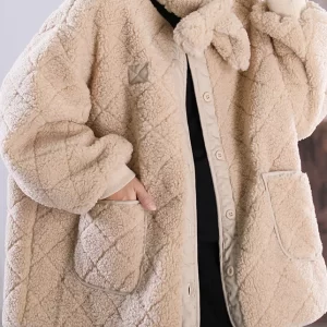 Fashion Khaki O-Neck Button Pockets Faux Fur Coat Winter