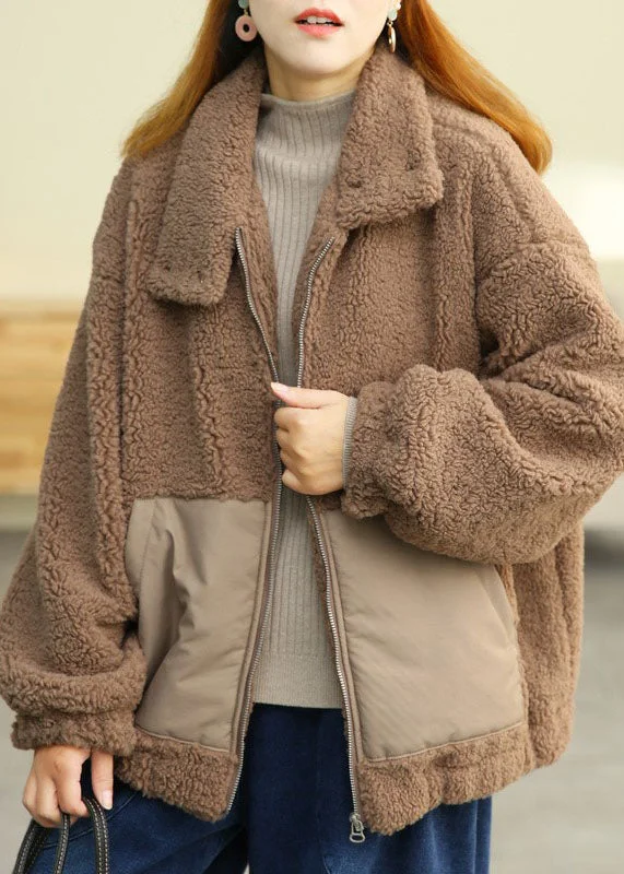 Modern Khaki Peter Pan Collar Patchwork Pockets Teddy Faux Fur Puffers Jackets Winter - Image 5