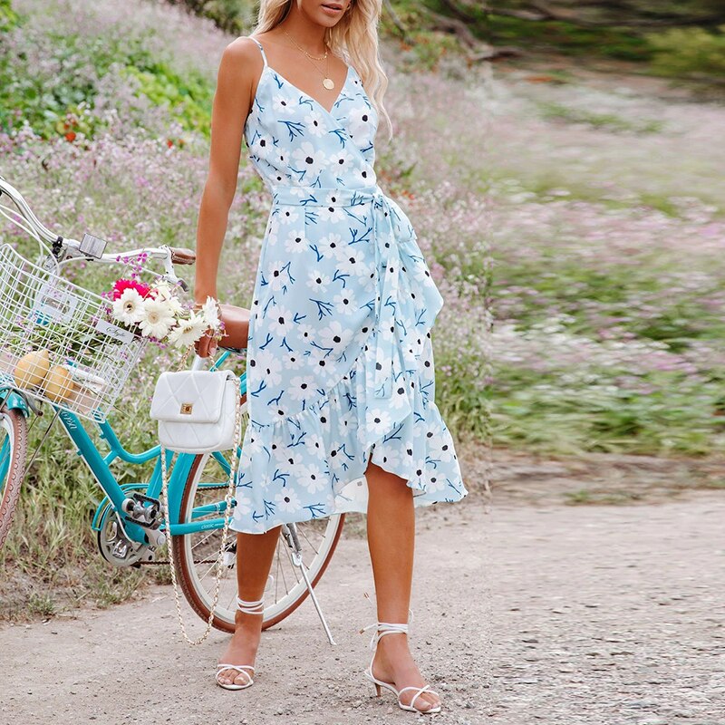 V Neck Cascading Ruffles Midi Dress Women Spaghetti Strap Floral Print A-Line Bohemian Dress