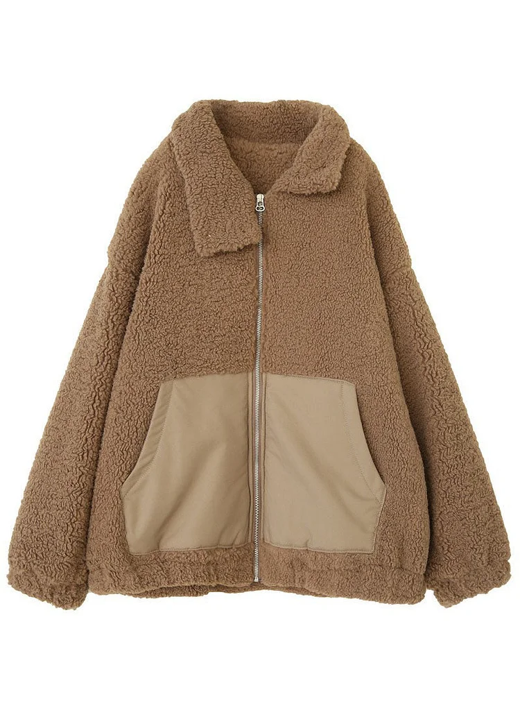 Modern Khaki Peter Pan Collar Patchwork Pockets Teddy Faux Fur Puffers Jackets Winter - Image 3