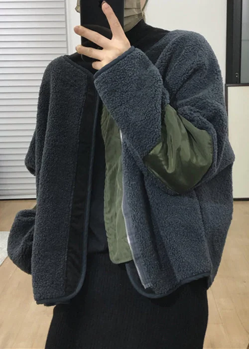 French Dark Gray Zippered Patchwork Teddy Faux Fur Coats Winter - Image 2