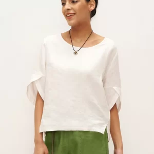 100% Linen Round Neck Petal-Sleeve Pullover LAUREL