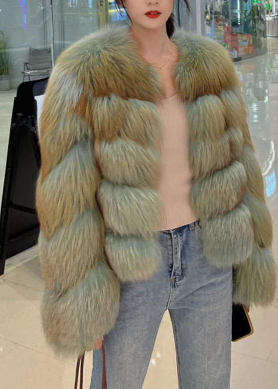 Women Green Patchwork Leather And Fur Coat Long Sleeve - Image 4