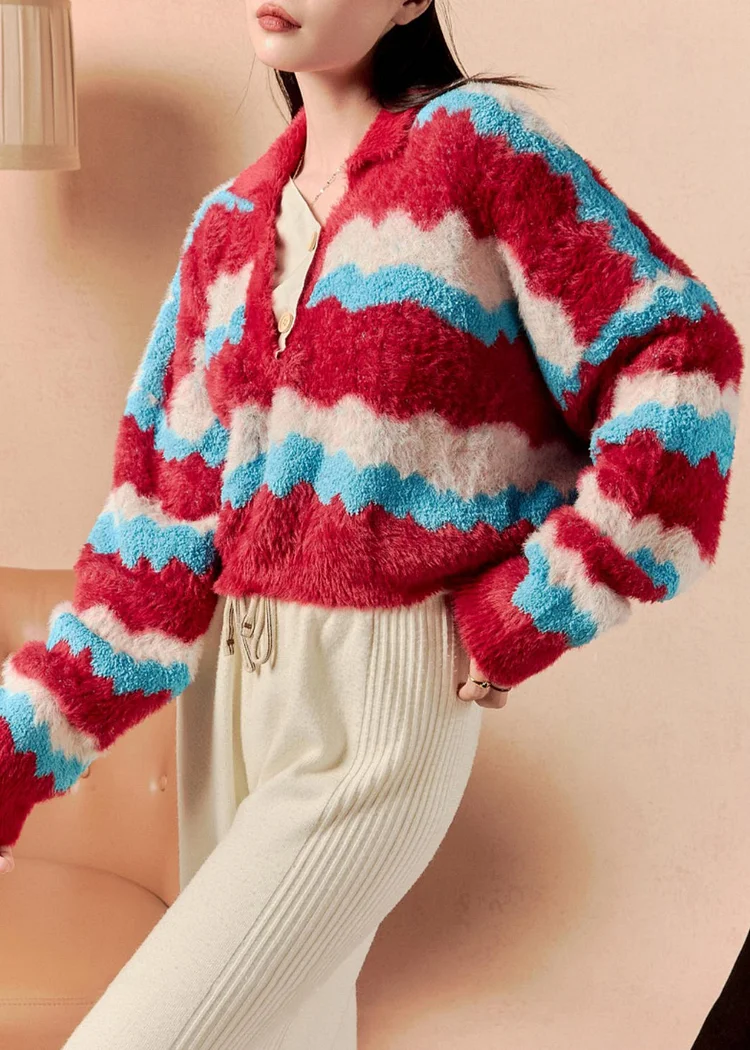 Chic Striped V Neck Cozy Mink Hair Knitted Short Sweaters Winter - Image 4