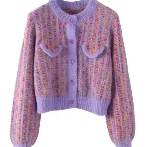 Elegant Purple O Neck Button Mink Hair Knitted Coats Fall