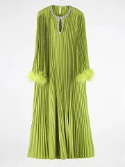 Boutique Rose Pink Sequins O-neck Long Sleeve Splicing Fur Pleated Dress - Image 4