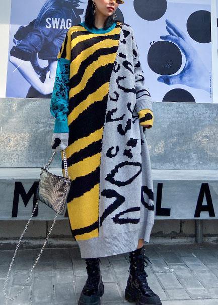 Winter o neck baggy Sweater outfits Upcycle yellow print tunic knit dresses - Image 2