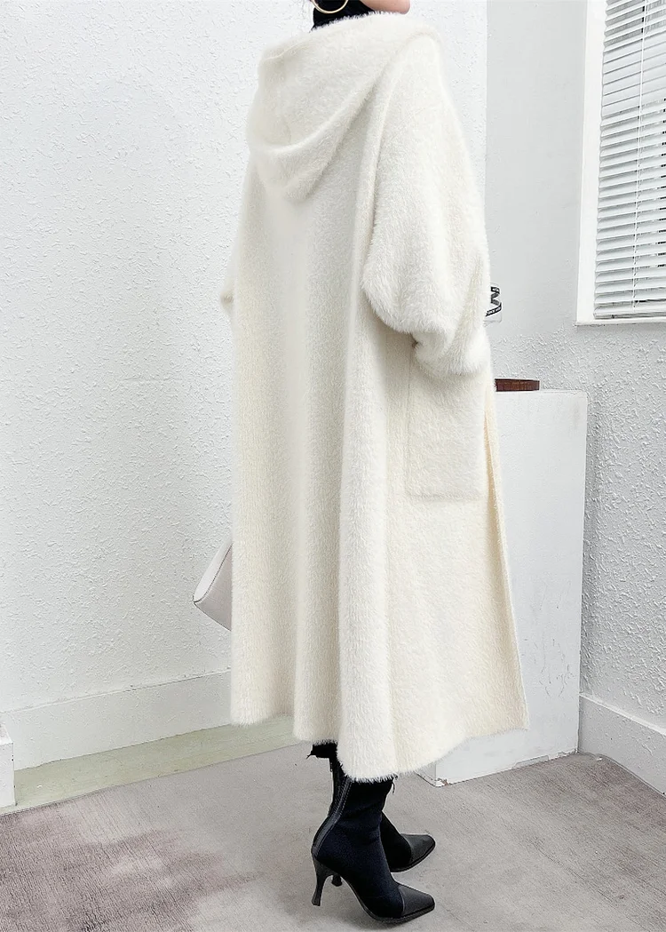 Modern White Hooded Pockets Mink Hair Knitted Cardigan Fall - Image 5