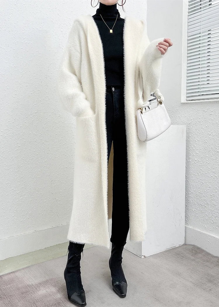 Modern White Hooded Pockets Mink Hair Knitted Cardigan Fall - Image 3