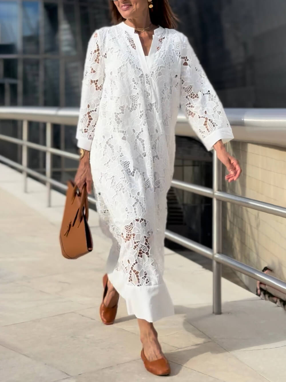 Flower Lace V-Neck Bell Sleeve Loose Midi Dress - Image 2