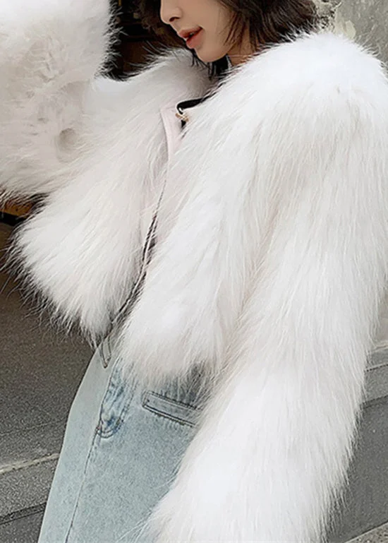 Fashion White V Neck Patchwork Faux Fur Coat Winter - Image 2