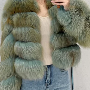 Women Green Patchwork Leather And Fur Coat Long Sleeve