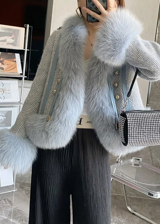 DIY Blue Stand Collar Leather And Faux Fur Coat Winter - Image 5