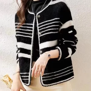 French Black O Neck Striped Women Mink Hair Knitted Coat Fall