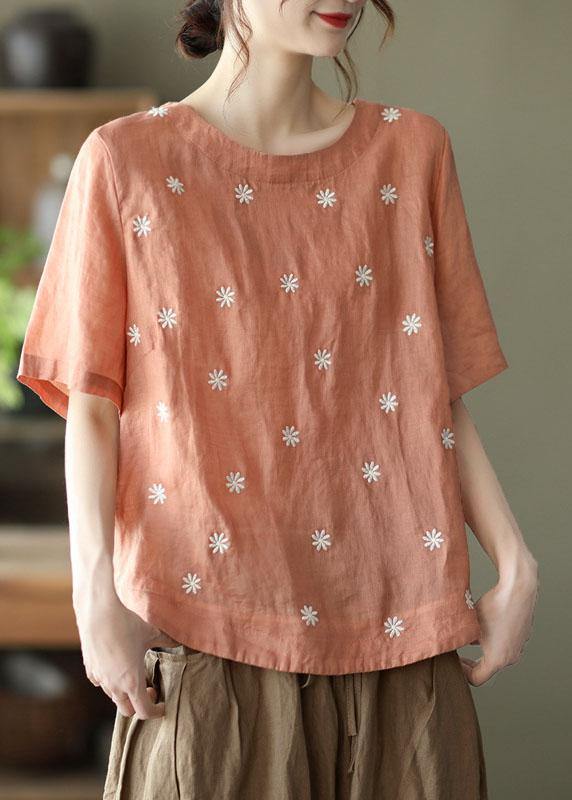 Unique White O-Neck Embroideried Summer Ramie Shirt Half Sleeve - Image 4