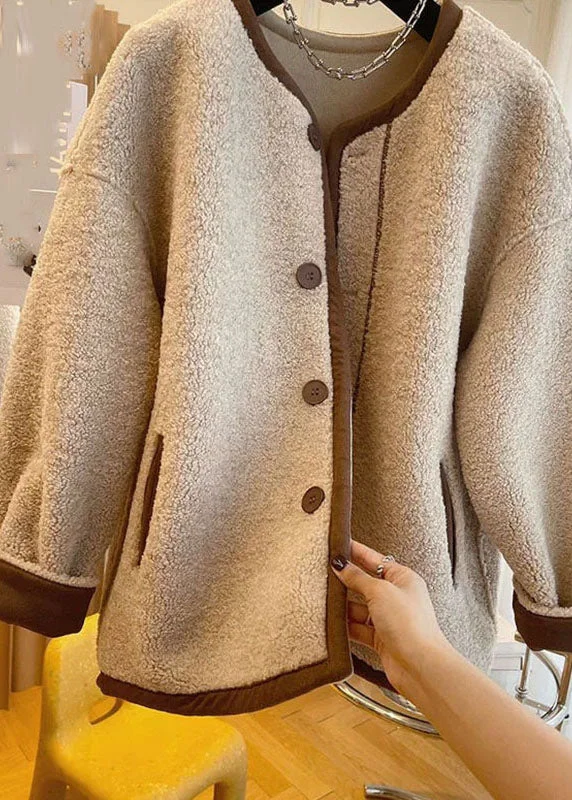 French Khaki O-Neck Patchwork Button Faux Fur Coats Winter - Image 3
