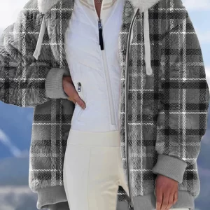 Check Print Plush Zip Hoodie Coat