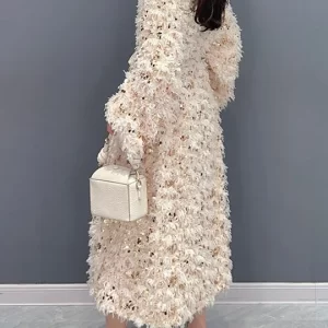 French Beige Sequins Patchwork Fuzzy Fur Fluffy Dresses Long Sleeve