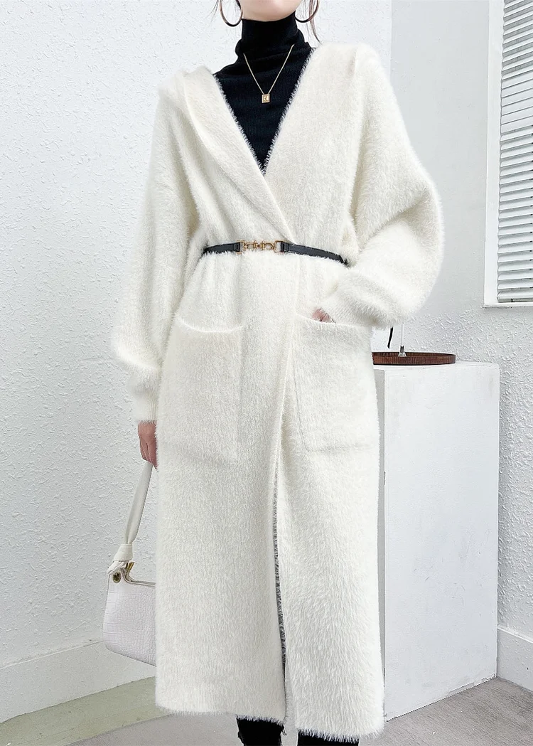 Modern White Hooded Pockets Mink Hair Knitted Cardigan Fall - Image 2