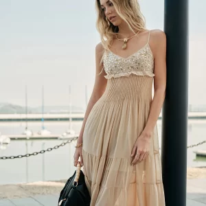 Semi-Sheer Embroidered Bustier Tiered Dress
